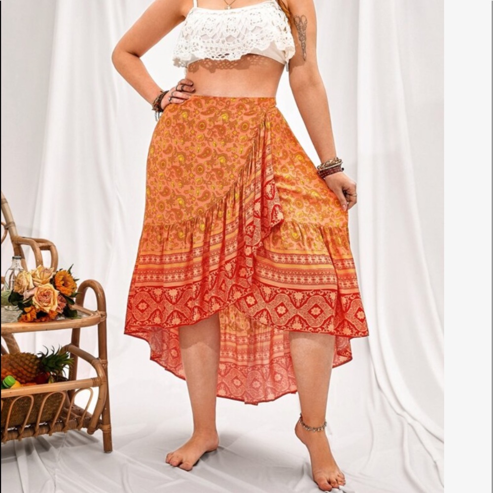 Boho Plus Size Orange Ruffle Hem Maxi Skirt - Picture 7 of 12